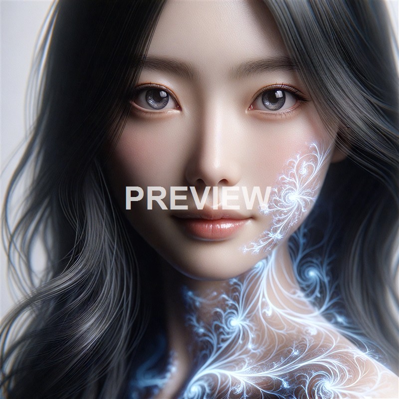 A highly detailed digital portrait of a young woman with long, dark, wavy hair, luminous skin, and glowing, intricate white floral patterns on her face and shoulder.